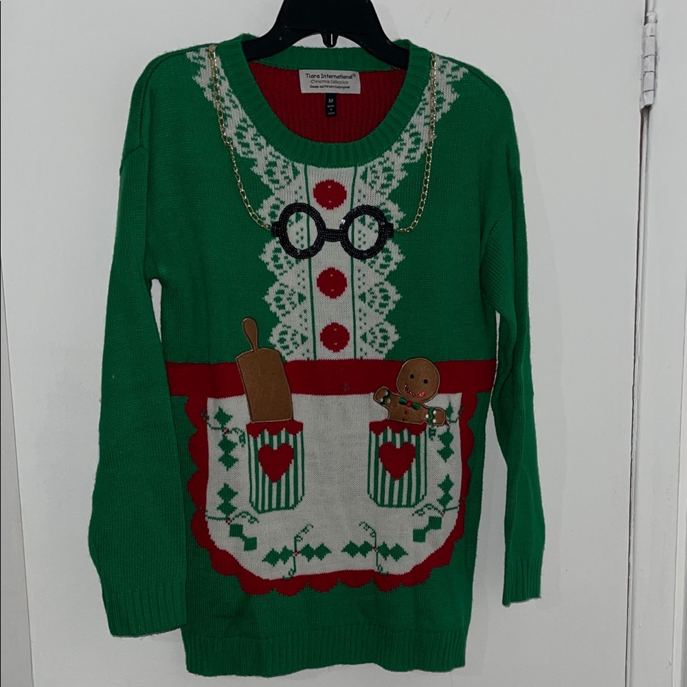 Green Mrs. Claus Holiday Sweater with Apron Design